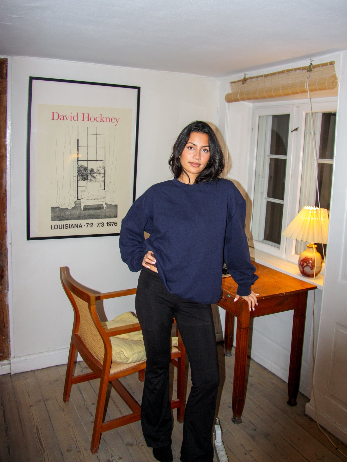 Sofie er 165 cm høj og bruger størrelse S. | mørkeblå