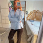 Sofie er 165 cm høj og bruger størrelse S. | lyseblå